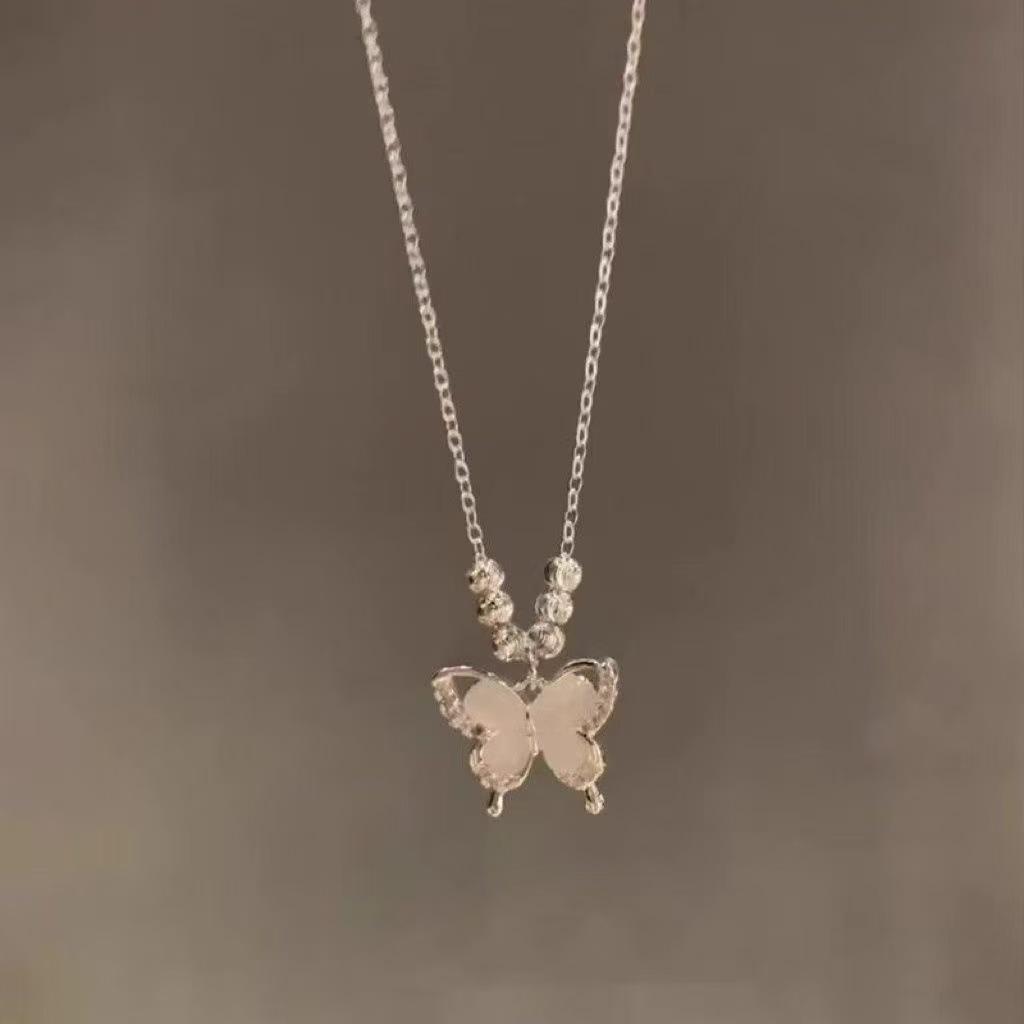 Sweet And Elegant Cat s Eye Stone Butterfly Pendant Necklace Delicate Minimalist Collarbone Chain