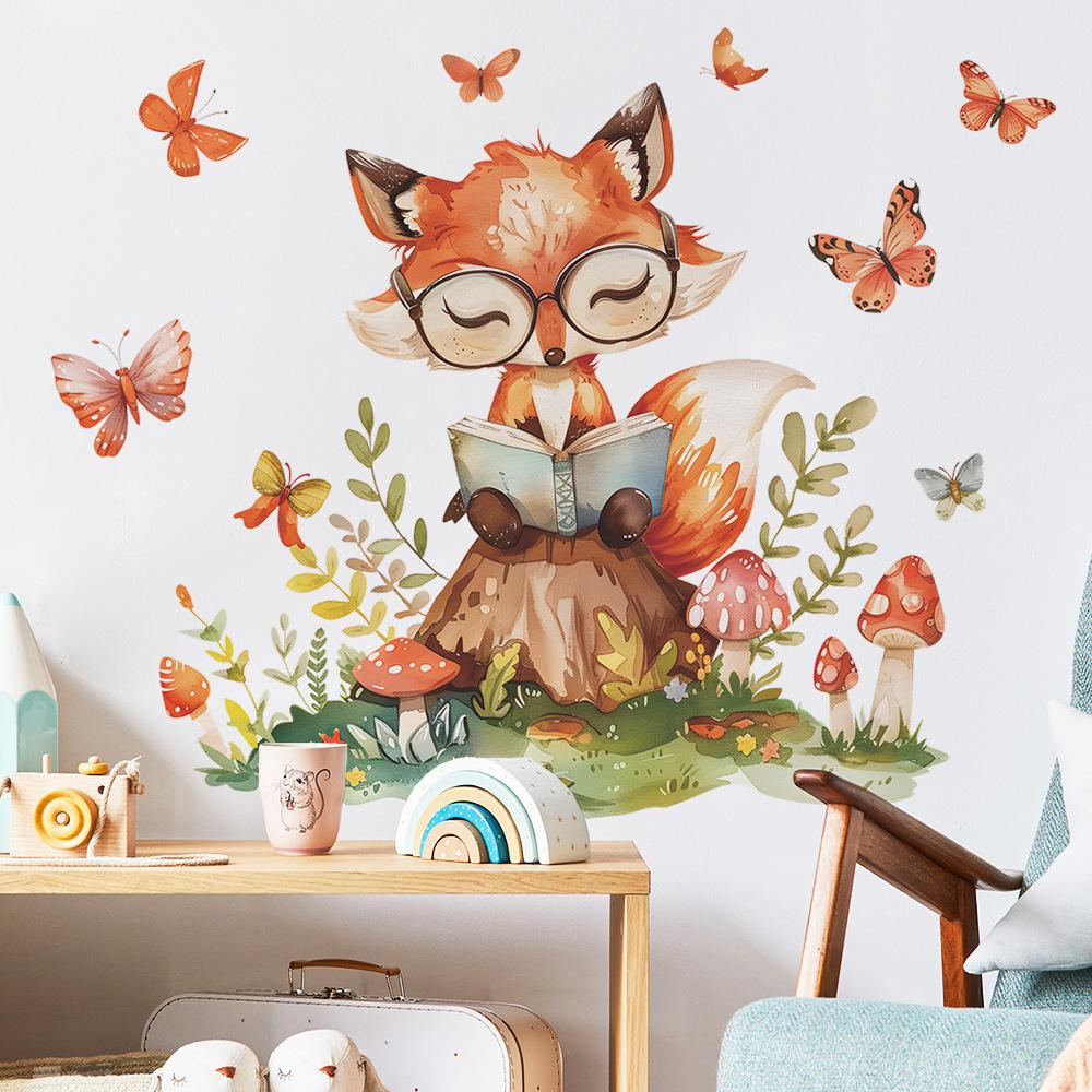 Cartoon Fox Reading Children's Room Kindergarten Wall Beautification Wall Stickers Self-adhesive