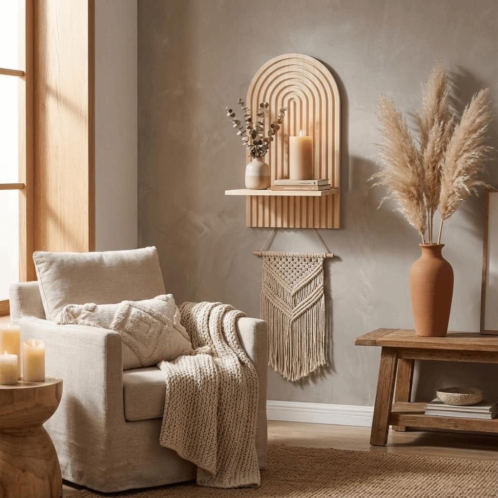 Natural Wood Bohemian Floating Shelves Bohemian Style Hanging Shelf  Living Room Decor