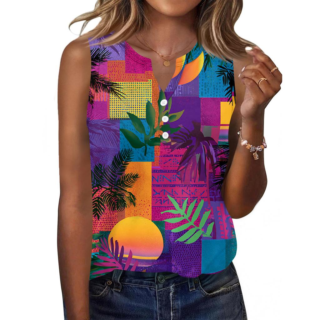 Women's Fashionable Casual Hawaiian Print Sleeveless Button Vest Top