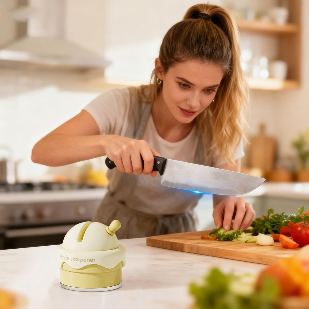 Eisförmiger Messerschärfer, Cremegelb, Keramik V-, 6,5x2,6 Zoll Tragbarer Messer- und Schärfer mit Anti-Rutsch-Basis, Keramikrädern, Schnelles und einfaches Werkzeug