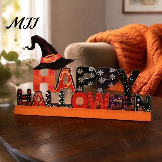 Density Board Craft Ornaments Wooden Halloween Table Ornament, Trick or Treat/Boo/Happy Desktop Decoration Cartoon Ghost Wizard Hat with for