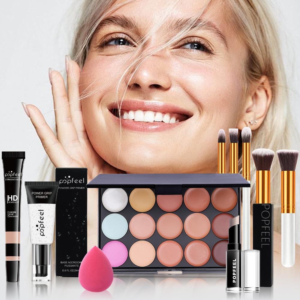 POPFEEL FACE EDIT Makeup Set - 15 Colors Concealer & Contour Palette, Power Grip Primer, HD Liquid Concealer, Brushes & Sponge Kit