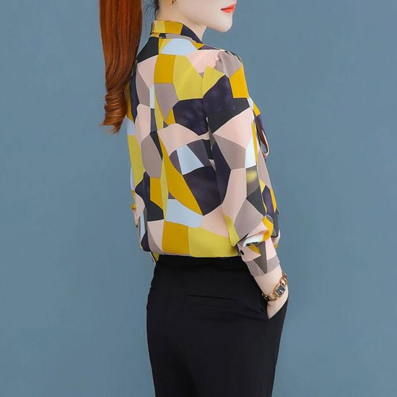 Women's Clothing Contrasting Colors Geometric Printed Blouse Spring Autumn Long Sleeve Scarf Collar Commute Button Bow Shirt New