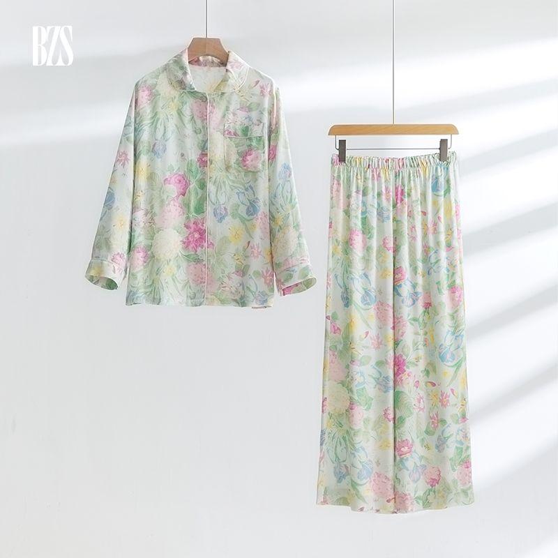 Summer 2024 New Minimalist Floral Pastoral Style Pajamas Two-piece Set Long Sleeves Pants Can Be Outerwear Homewear