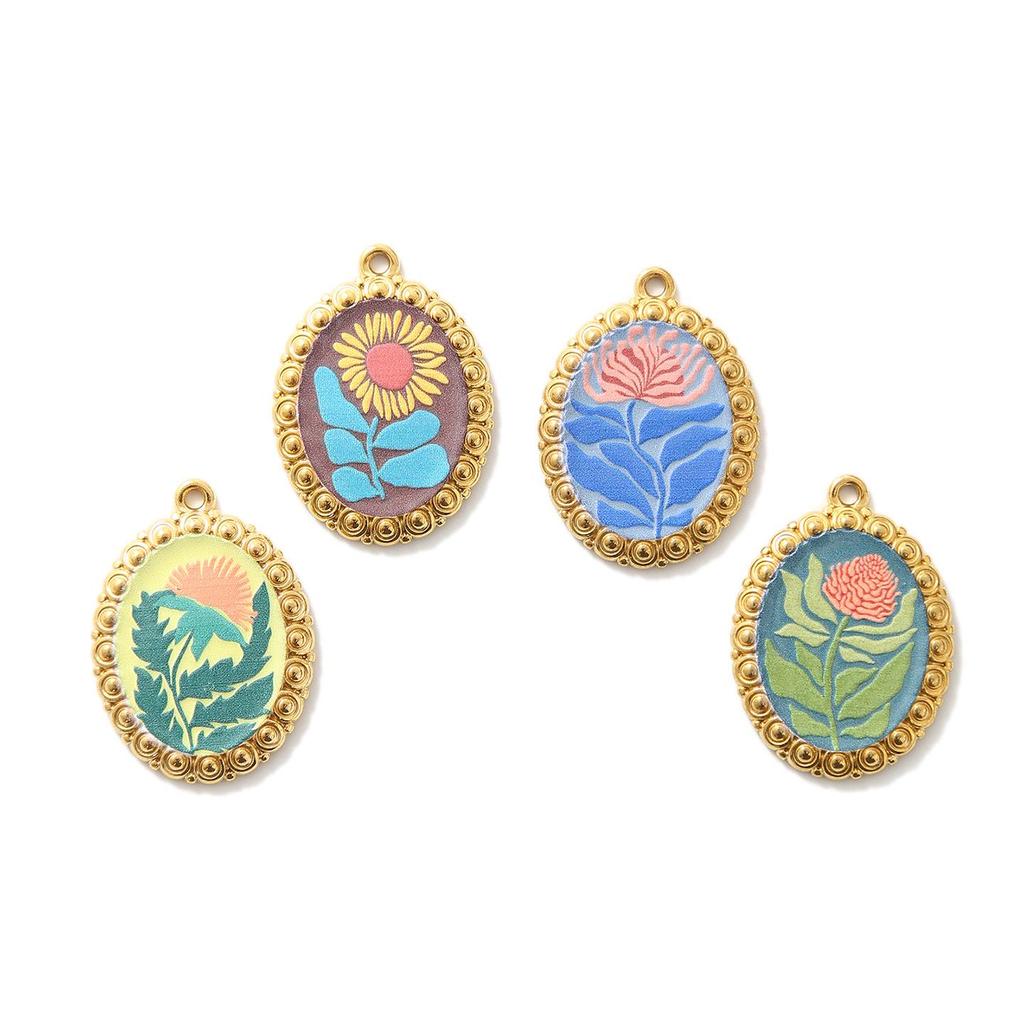 Vintage Floral Oil Painting Necklace Pendant - Stainless Steel, High-End Fashion Accessory