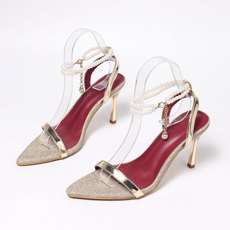 New summer fairy style stiletto high heels pearl chain word with open toe sandals non-slip