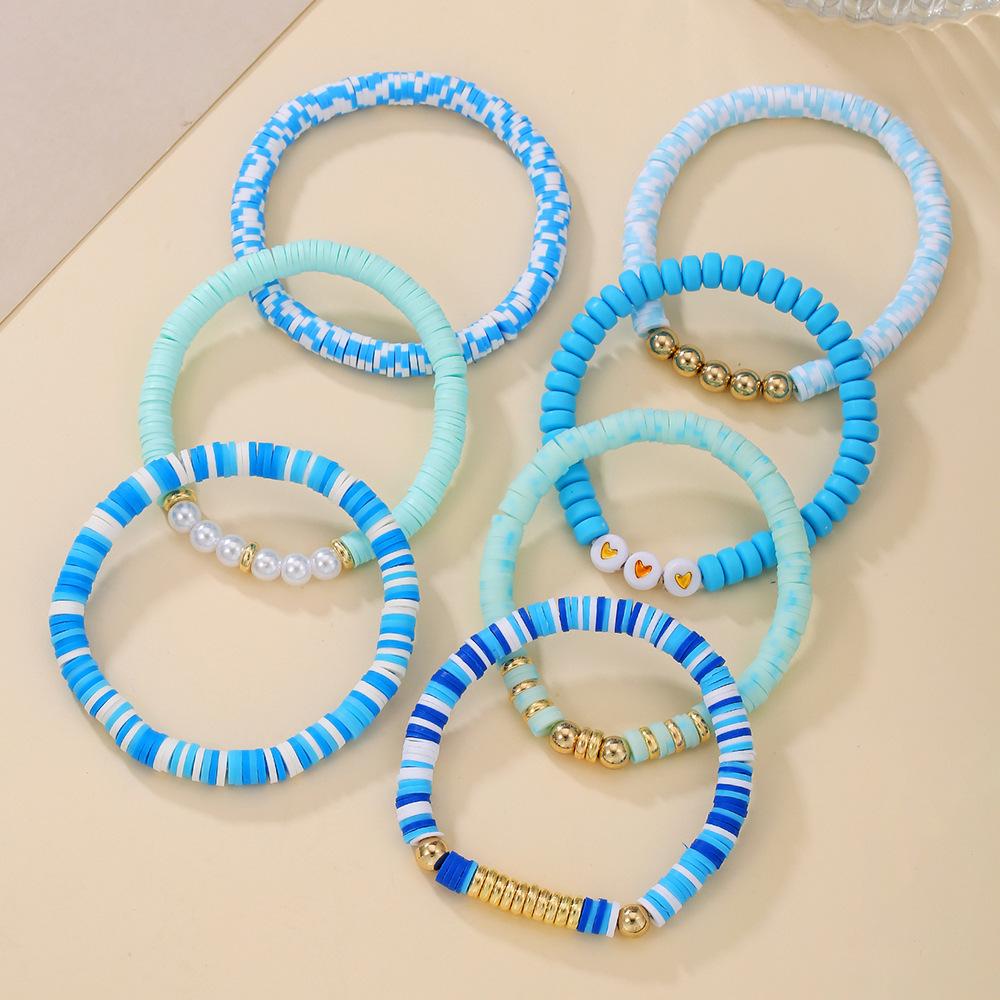 Bohemian color multi-layer soft pottery beaded bracelet, summer beach style versatile love stacked jewelry set