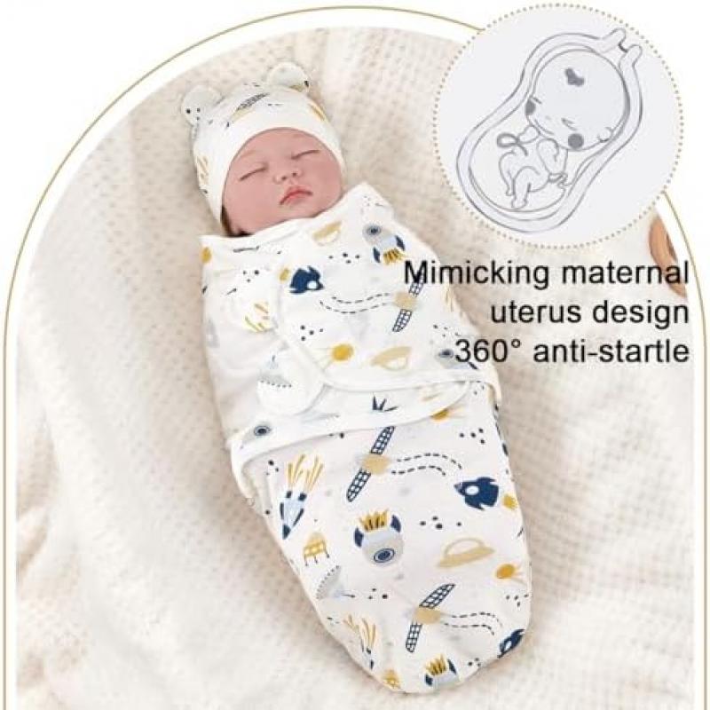 Baby Swaddle Blanket Set, 1 Swaddle Blanket & 1 Hat, Adjustable Newborn Swaddle Wrap, Anti-Startle Sleep Sack, Suitable for Boys & Girls