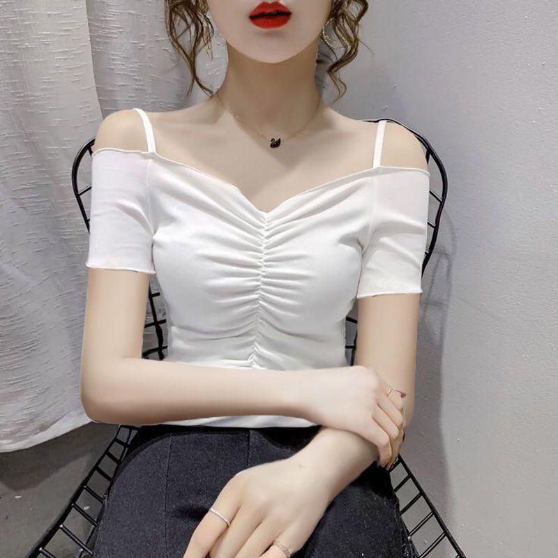 

Женская майка на одно плечо с короткими рукавами и вырезом на ключице - Летний топ с высокой талией белого цвета Small белый