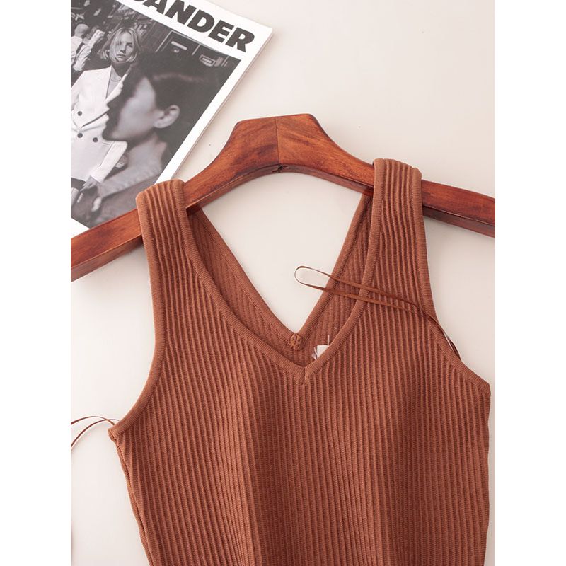 American Fashion Brand Double V Neck Rib Camisole Summer Sleeveless Fashion Fashion Solid Color Outerwear Knitting Tops