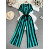 Fashion Celebrity Short Sleeve V-Neck Striped Dress Pants Casual High Waist Skinny Straight Wide Pants Jumpsuit