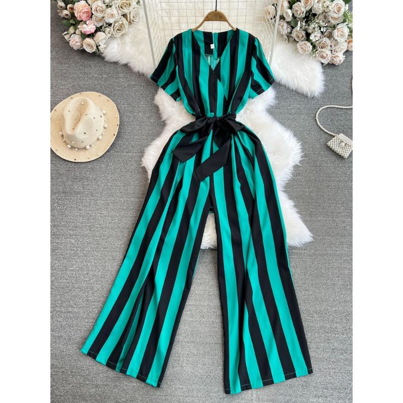 Fashion Celebrity Short Sleeve V-Neck Striped Dress Pants Casual High Waist Skinny Straight Wide Pants Jumpsuit