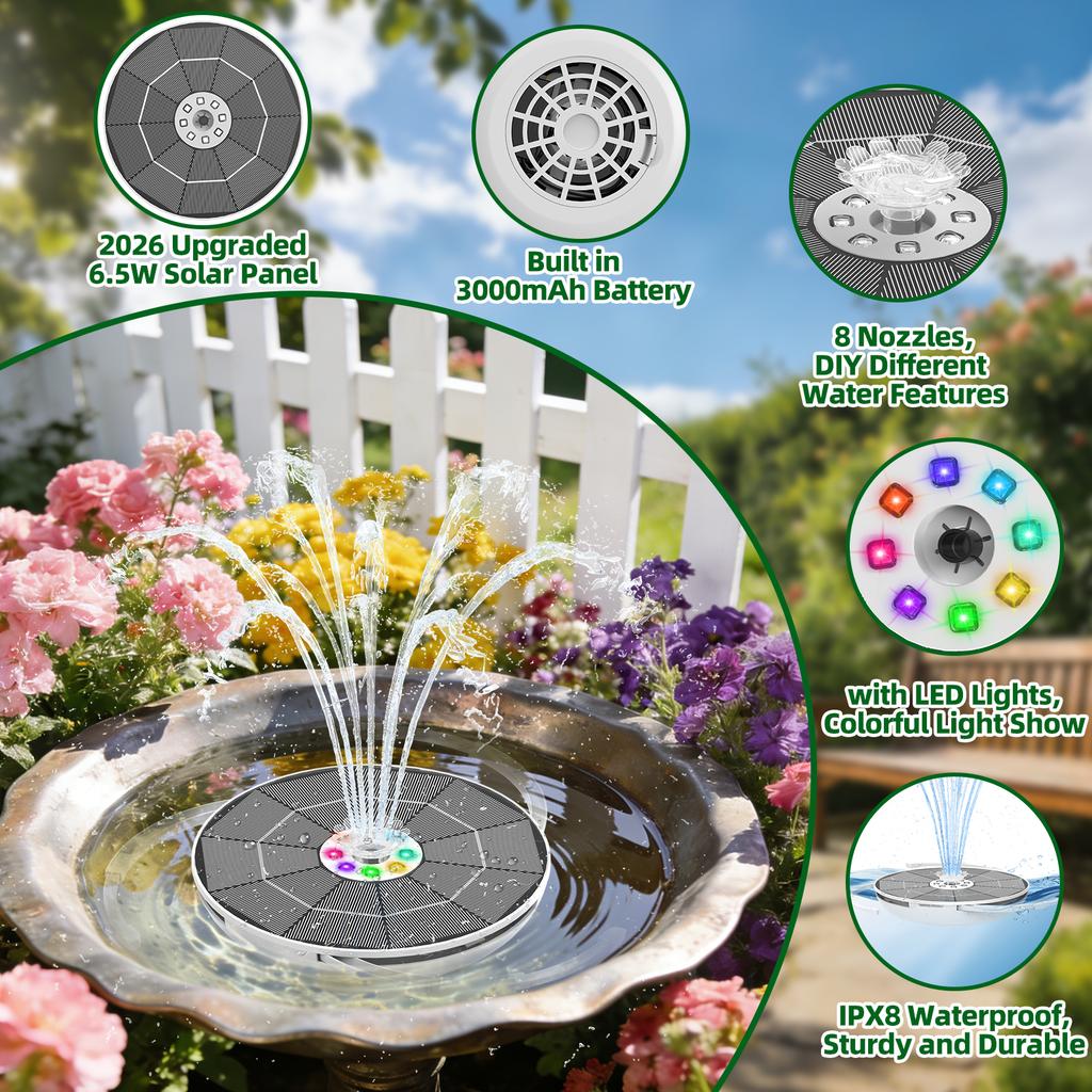 6.5W Solar Water Fountain with LED Colorful Lights & 3000mAh Battery, DIY Solar Bird Bath Fountain Pump, For Bird Bath Garden
