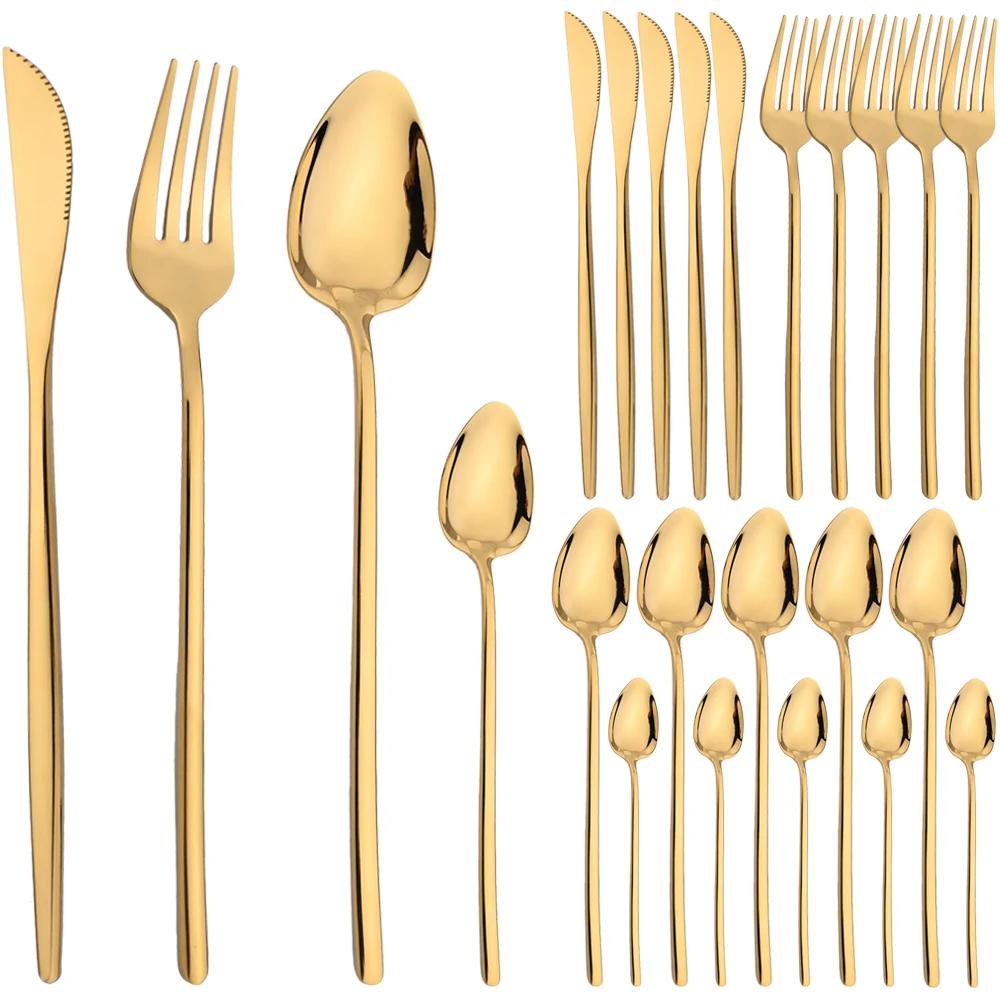 24Pcs Dinnerware Set Stainless Steel Tableware Knifves Forks Spoons Black Gold Cutlery Mirror Flatware Kitchen Dinner Silverware