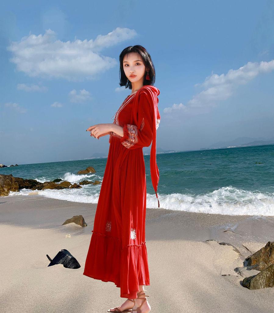 Yunnan Sanya Fairy Beach Red Dress - Women's Long Slimming Desert Travel Outfit