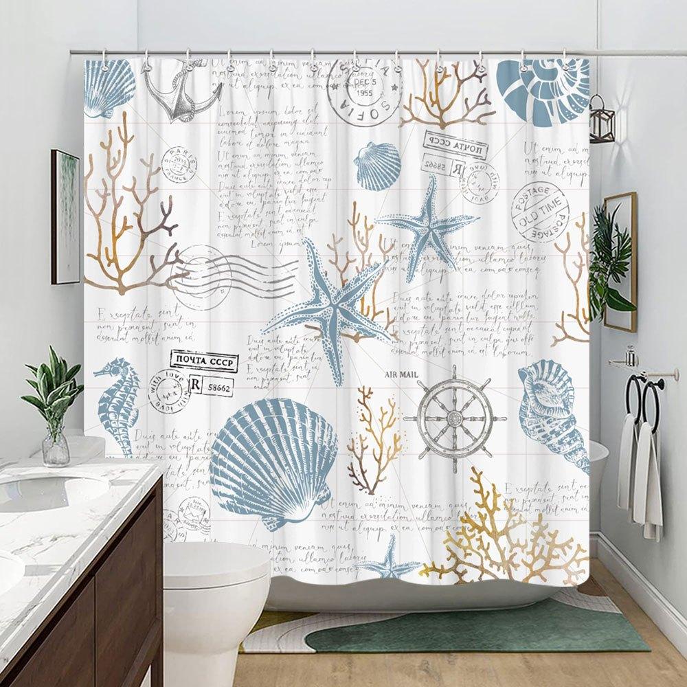 Ocean style shower curtain waterproof and moisture-proof bathroom curtain exquisite shell and starfish pattern, machine washable