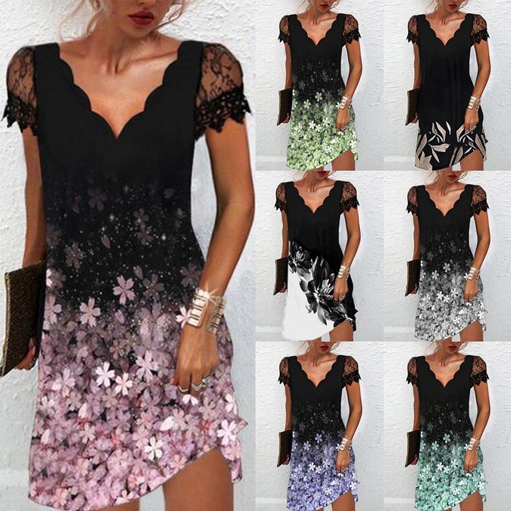 Frauen Drucken V-ausschnitt Spitze Nähte Kurzen ärmeln Kleid Sexy Mode Sommer Plus Größe Casual Kleid