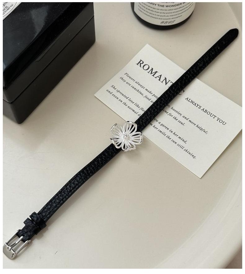 S925 Sterling Silver Korean Niche Big Flower Leather Bracelet - Retro Fashion Jewelry