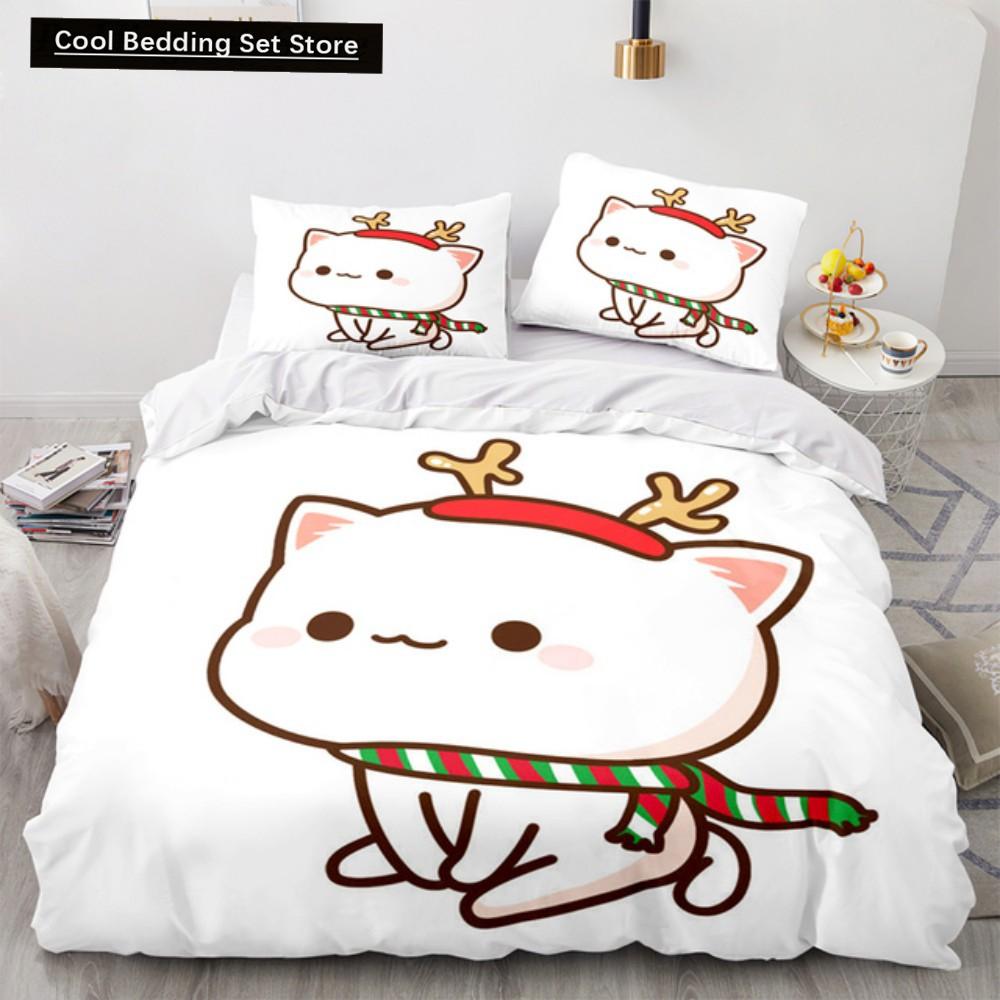 Lovely Peach Cat Bedding Set Cartoon Comforter Sets Double Queen King Twin Full Size Duvet Cover Set Kids Girls White Bed Linen