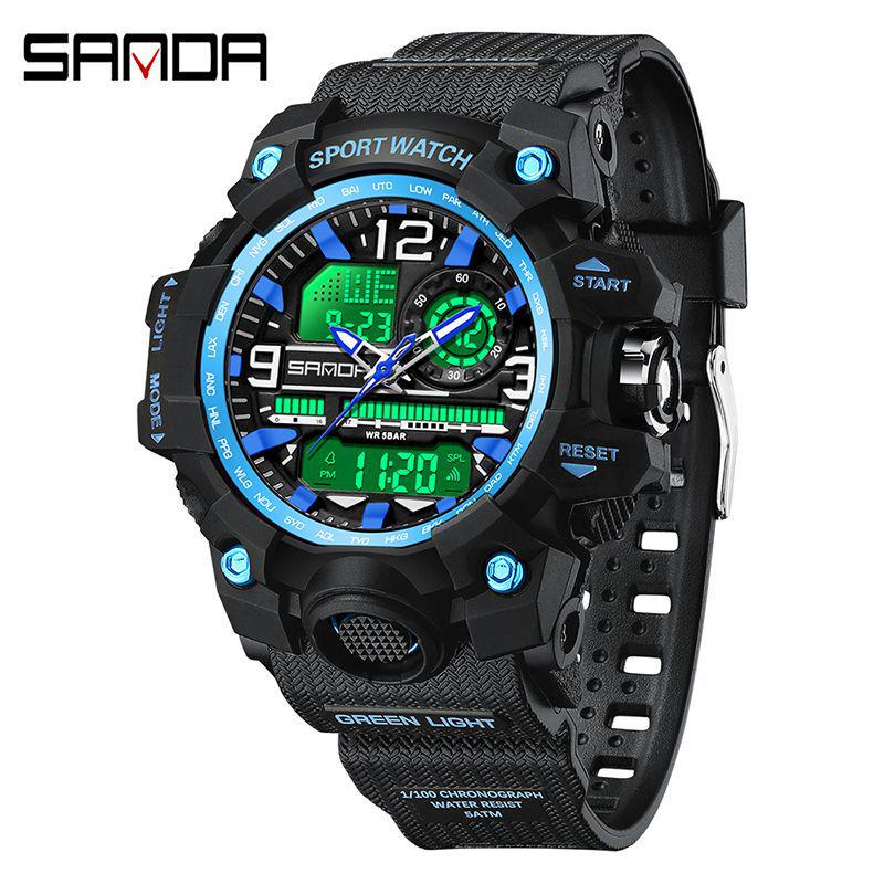 SANDA Tecnología Negra Doble Pantalla Impermeable Adolescente Casual Reloj Despertador