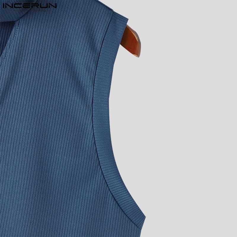 INCERUN Men High Neck Sleeveless Solid Vest Zipper Knitted Tank Tops