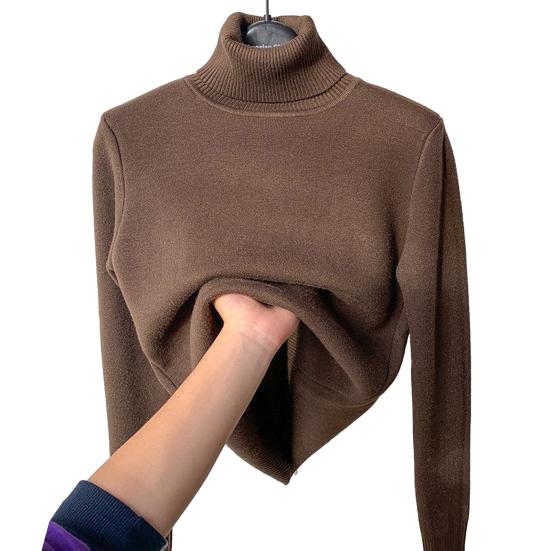 Вязаные топы женские с длинным рукавом, свитер с высоким воротником, однотонный, утолщенный, на флисовой подкладке, осенне-зимний трикотаж L кофейный