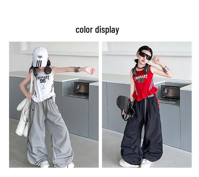 Zweiteiler im koreanischen Streetdance-Stil für Mädchen: Gestreifte ärmellose schnelltrocknende Weste & Hose mit weitem Bein.