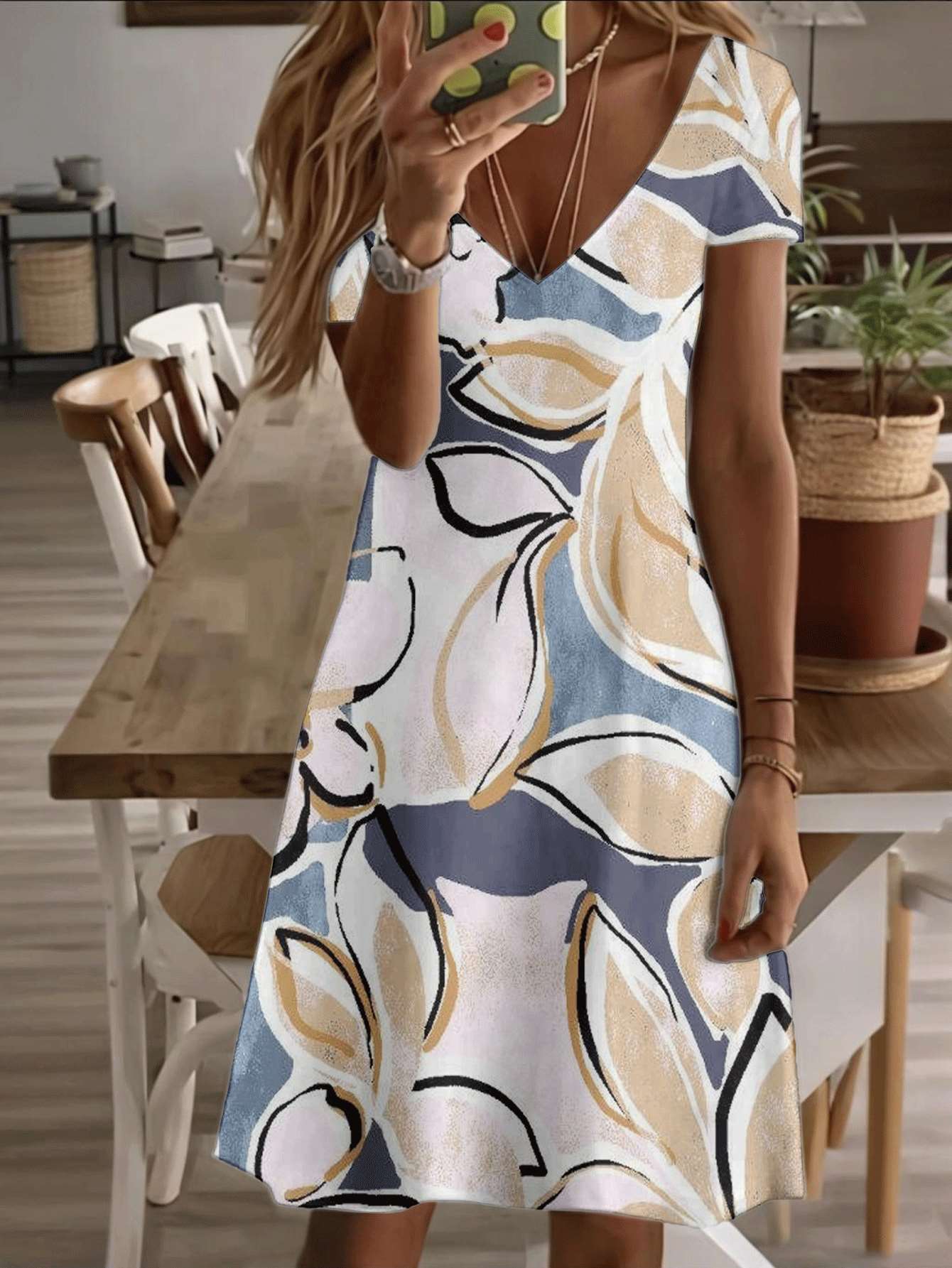

Vneck shortsleeve midi dress floral leaf print pattern 3D premium printing durable casual fashion summer beach style elegant boho chic lightweight bre 8XL дубильная кора