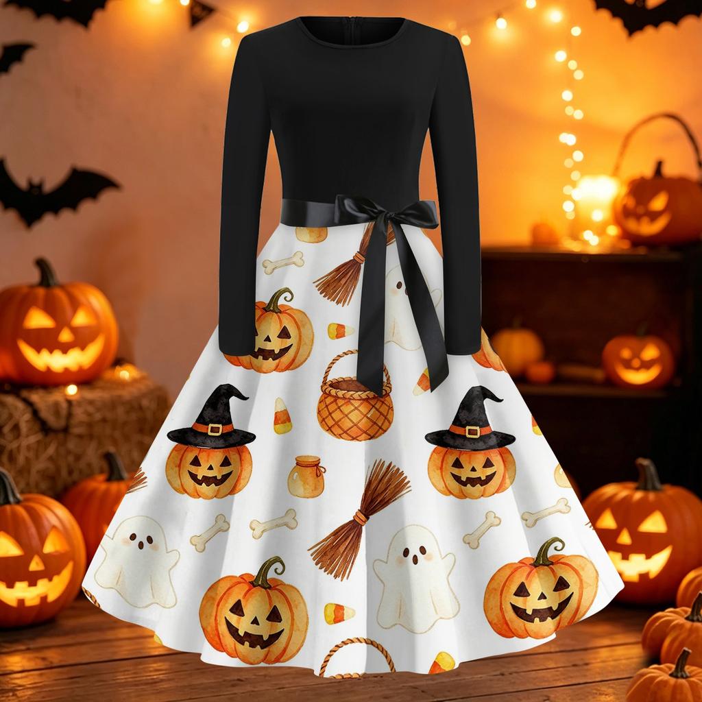 Women's Casual Long Sleeve Fit and Flare Dress Round Neck Halloween Print Full Skirt Midi Dress with Waist Tie for Everyday Wear
