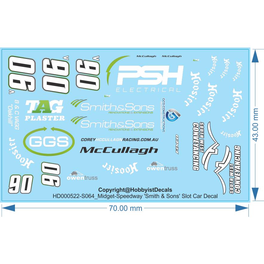 Smith & Sons' Midget-Speedway Slot Car Decal - 1/18 1/24 1/32 1/64 -Water Decal - Waterslide, 1/18