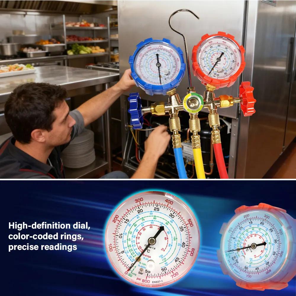 Pro 3 Way AC Diagnostic Manifold Gauge Set with Complete Hose and Hook Kit Advanced Refrigerant Testing Tool for R134A R22 R404A