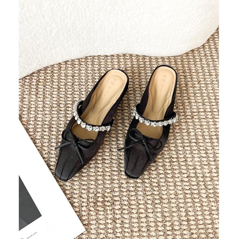 Bow word with rhinestone ballet shoes Mary Jane women's shoes small fragrant style thick heel high heels women's high sense