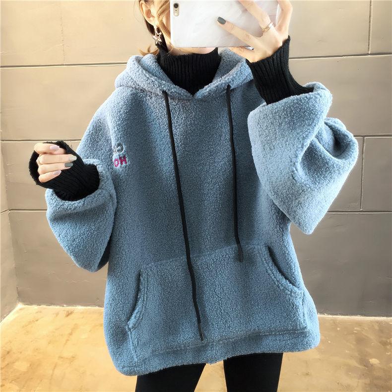 Large Size Fake Two-piece Plush Hoodie Loose Thick Autumn and Winter Jacket Lantern Sleeve Hooded Top Soft and Comfortable