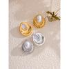Yhpup Statement Simulated Pearls Striped Oval Stud Earrings for Women Stainless Steel Fashion Vintage Daily Jewelry Waterproof