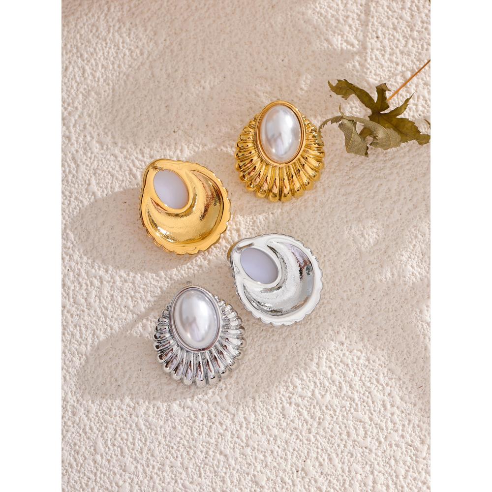 Yhpup Statement Simulated Pearls Striped Oval Stud Earrings for Women Stainless Steel Fashion Vintage Daily Jewelry Waterproof