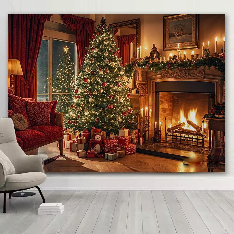 Christmas Fireplace Double Tree Wall Tapestry Mantel Wreath Stocking Gift Box Snow Flame Cozy Holiday Festive Decor Soft