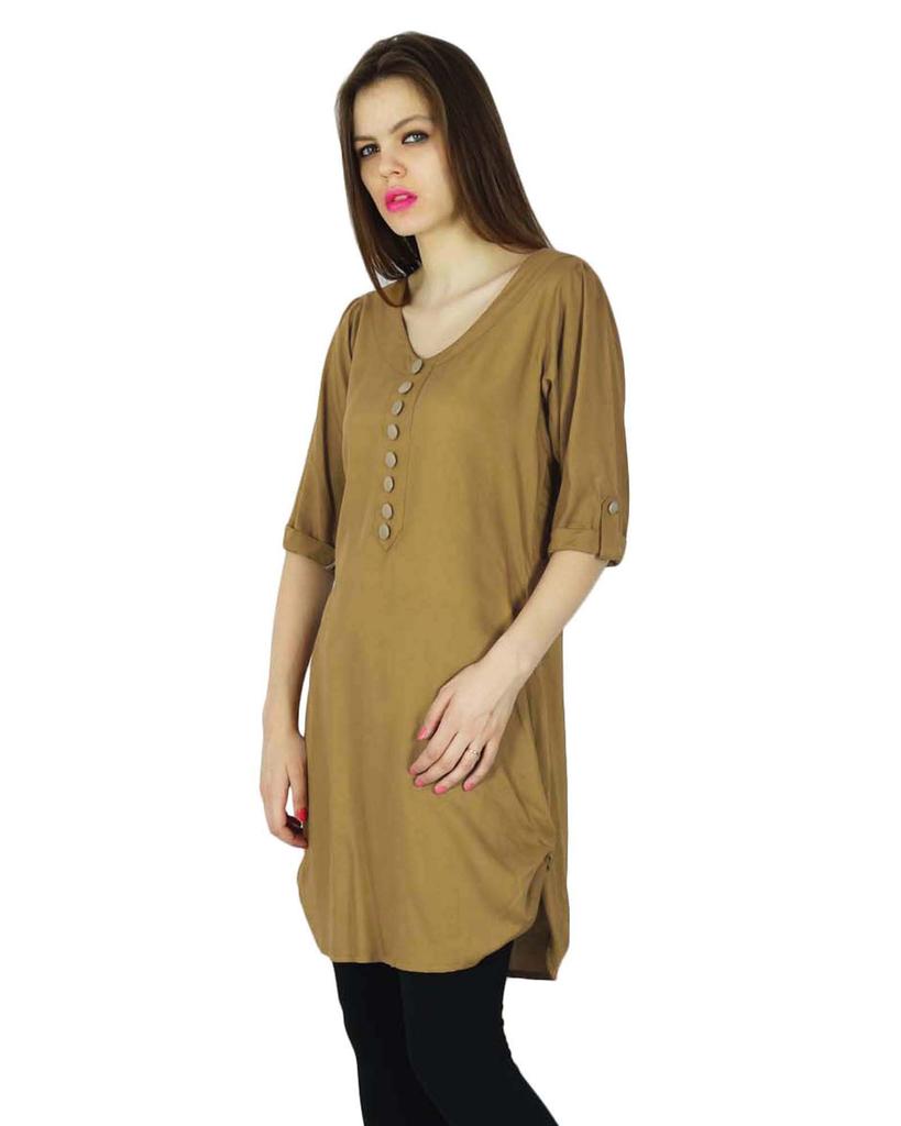 Phagun Designer Indian Kurta Casual Women Brown Solid Kurti Rayon Top Tunic