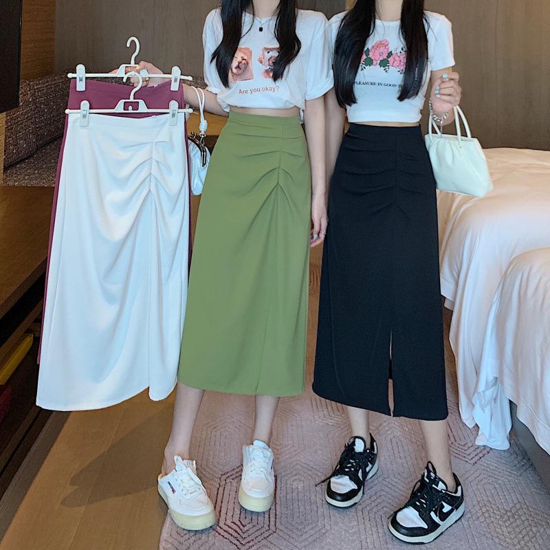 2026 Pleated A-Line High Waist Split Skirt: Slimming Mid-Length Spring/Summer Women's Fashion
