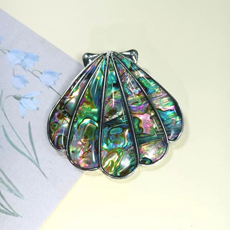 Vintage Shell Brooch Pendant With Geometric Inlay For Women And Men