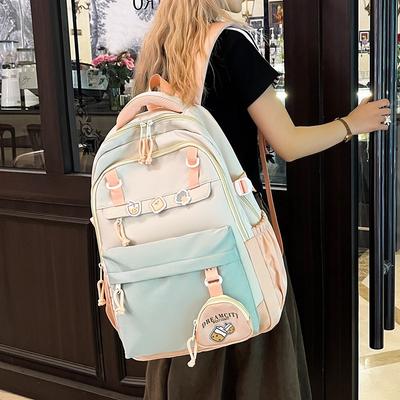 High-value Fresh College Style Backpack, Junior High School Students Contrasting Color Splicing Large-capacity Backpack