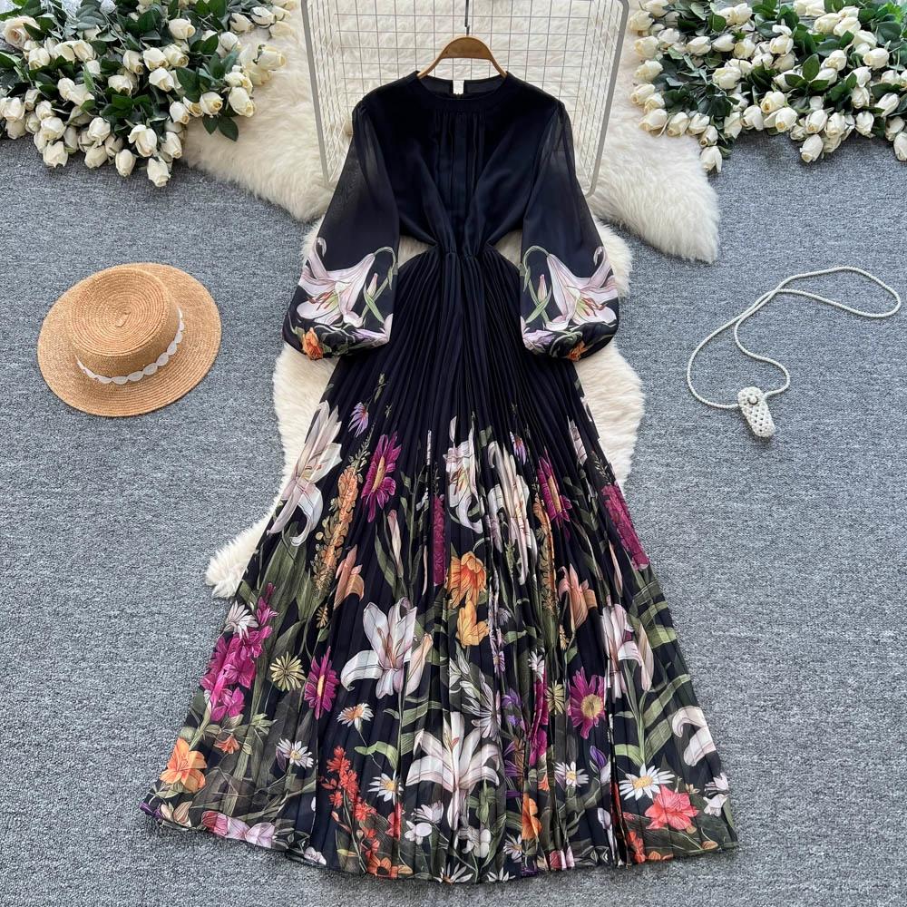 

Платье с принтом высокого класса для женщин Весна Осень Приталенное и элегантное плиссированное длинное женское платье 2XL чёрный