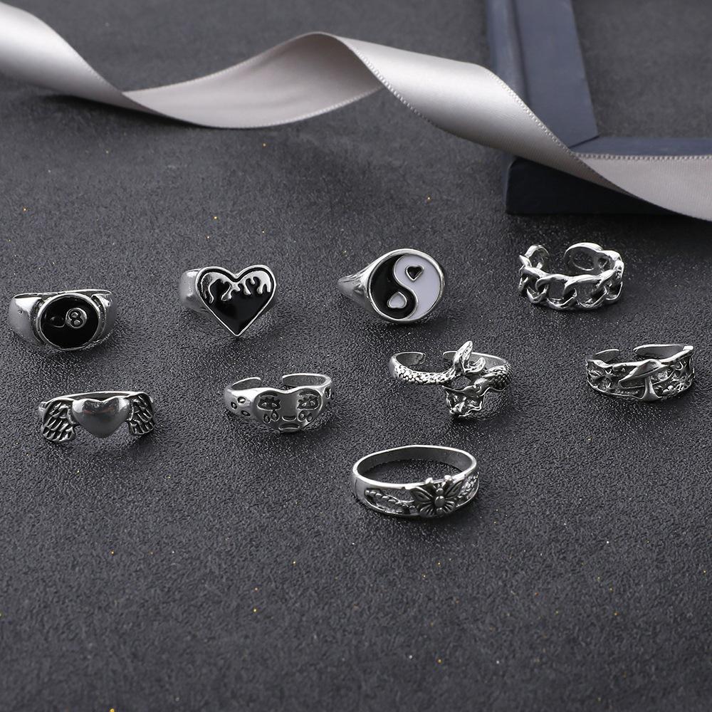 Retro Ring Dripping Oil Love Butterfly Chain Snake Shape 9 Piece Set Ring