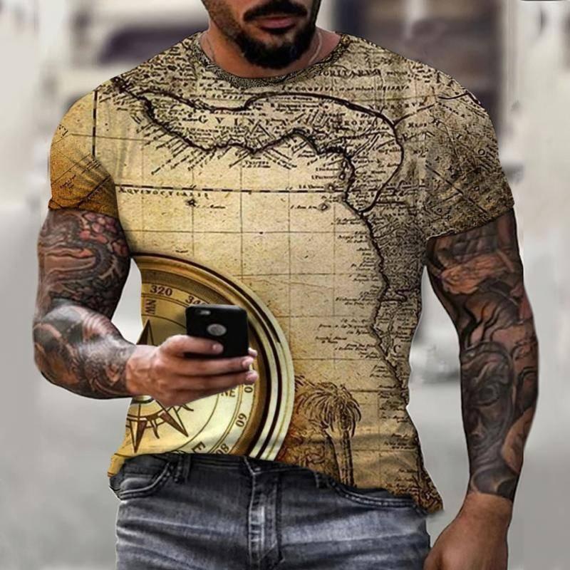 Summer Retro Compass T-shirt Men's 3D Printed T-shirt Fashionable Street Harajuku T-shirt Short Sleeved Oversized Top Men's Clothing