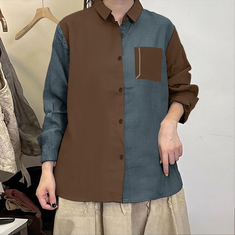 ZANZEA Women Casual Turn Down Collar Long Sleeve Patchwork Blouse