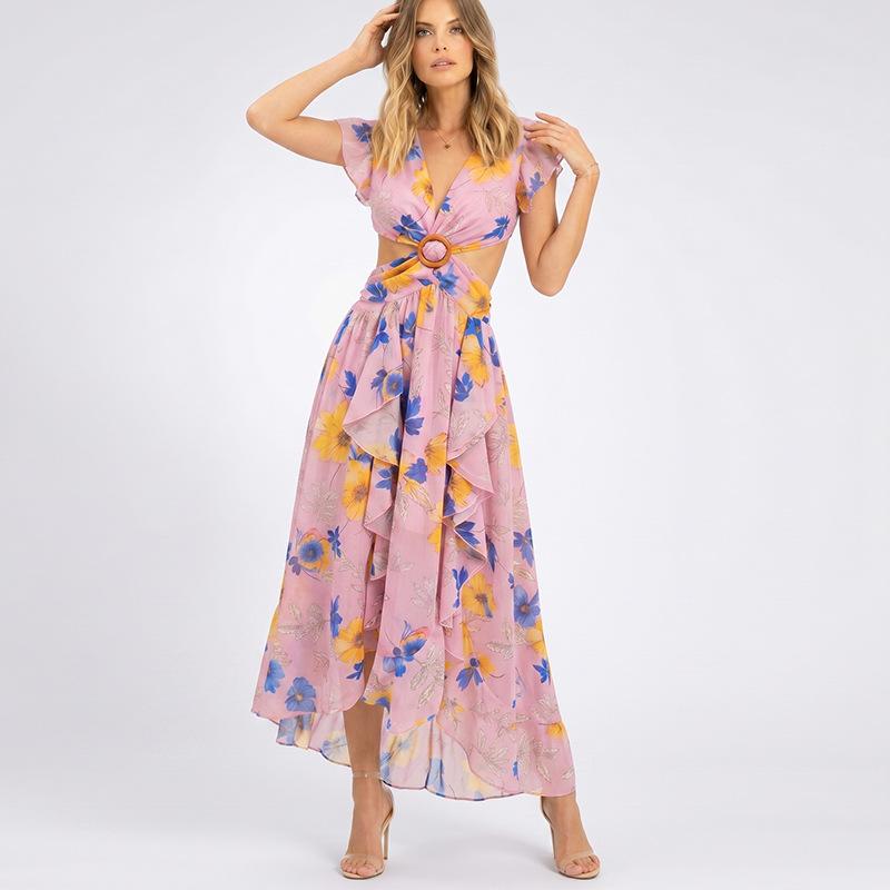 Boho Style Elegant Floral Print Long Dress Woman Summer V Neck High Waist Party Dress Summer Short Sleeve Sexy Maxi Dress