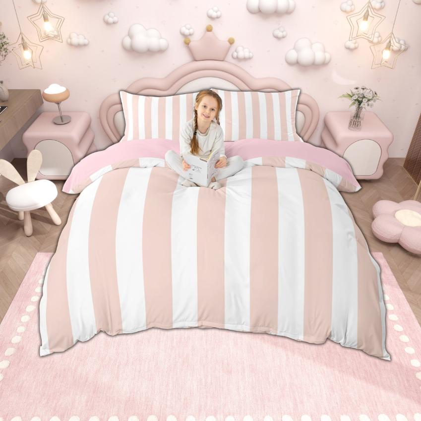 Homewish Princess Stripe Duvet Cover Set Cute Kawaii Bedding Set For Kids Girls Reversible Quilt Cover Set