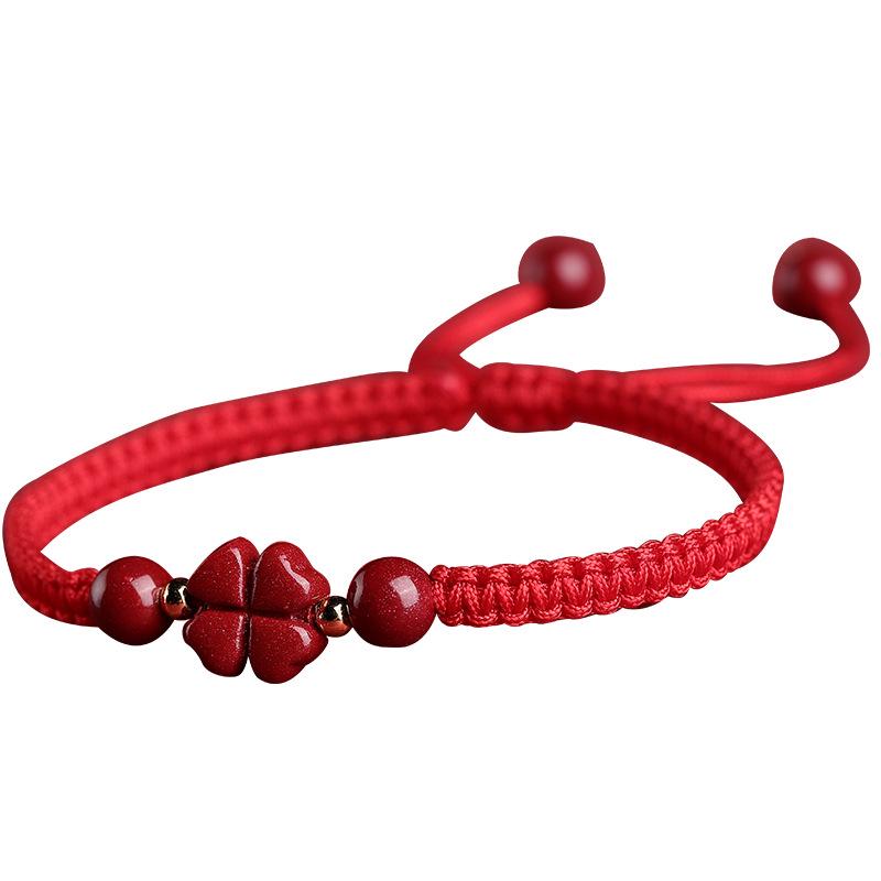 Authentic Cinnabar Four-Leaf Clover Bracelet with Purple Gold Sand and Red Rope for Women and Children