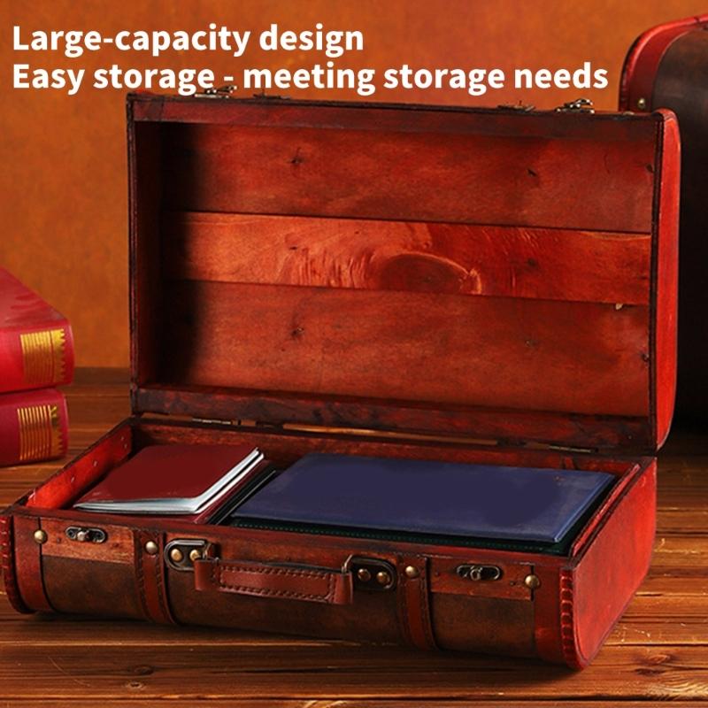 Wooden Trunk Faux Leather Handle Carrying Case Portable Storage Container For Jewelry Cosmetics And Collectibles