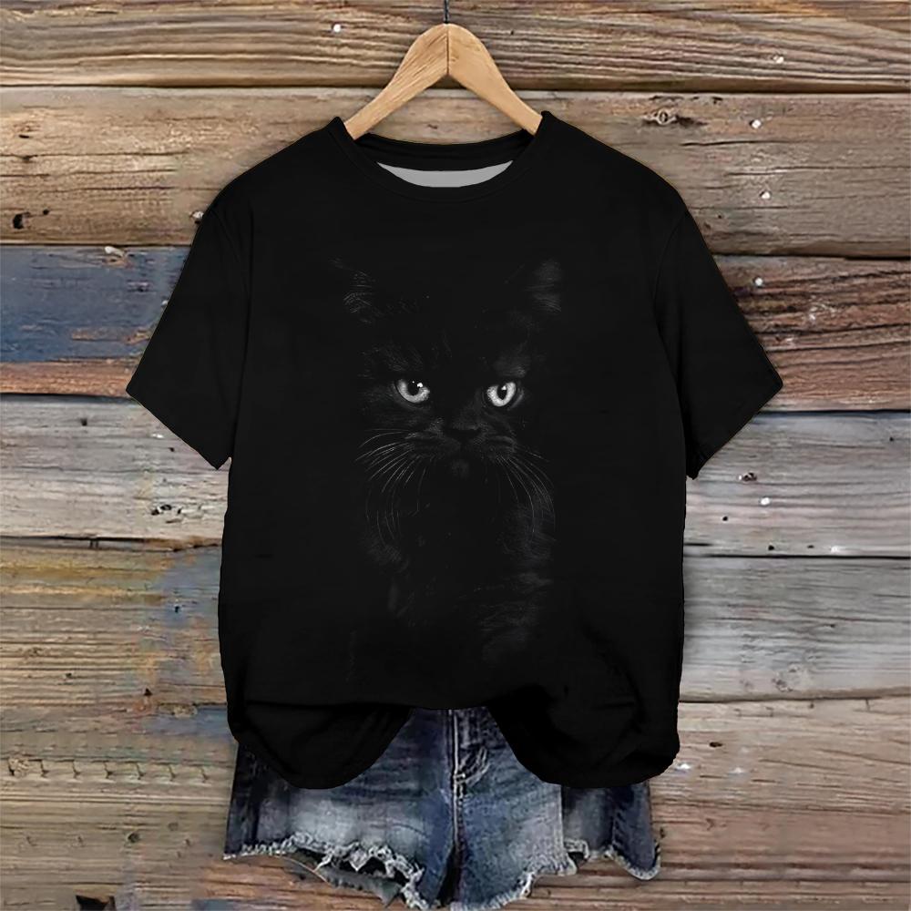 Women‘S 3d Print Black Cat T-Shirts O Neck Short Sleeve Female Clothing Fashions Loose Oversize Streetwear Summer Ventilate Tops